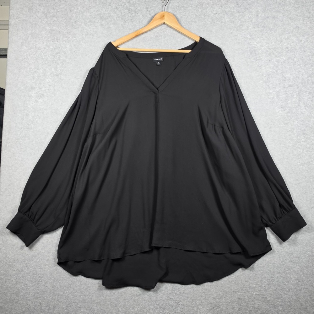 Torrid Blouse Top Womens Size 4x Black V Neck High Low Gathered Cuff Office